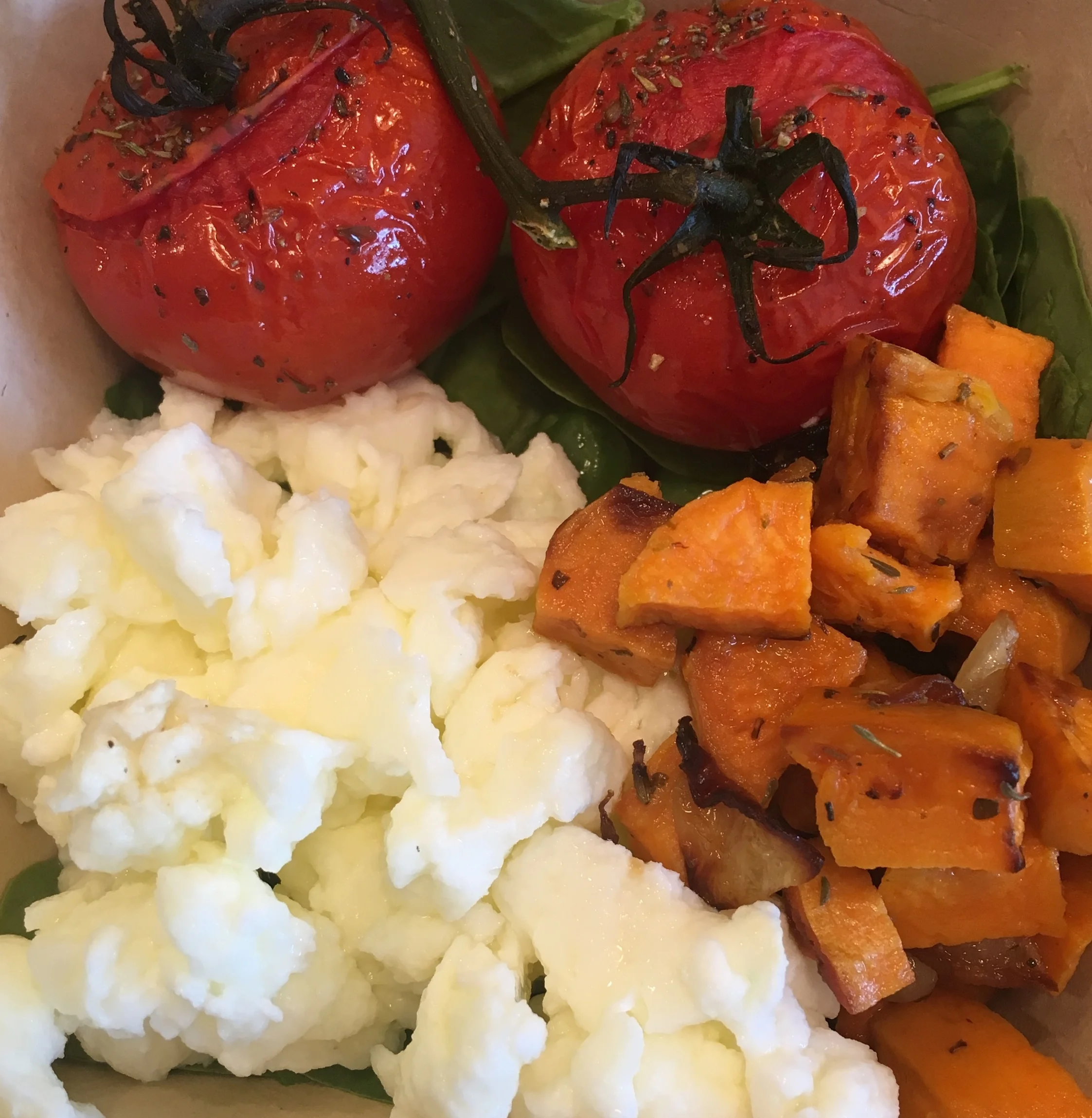Egg White Scramble with Herb De Provence, Roasted Tomato and Sweet Potato