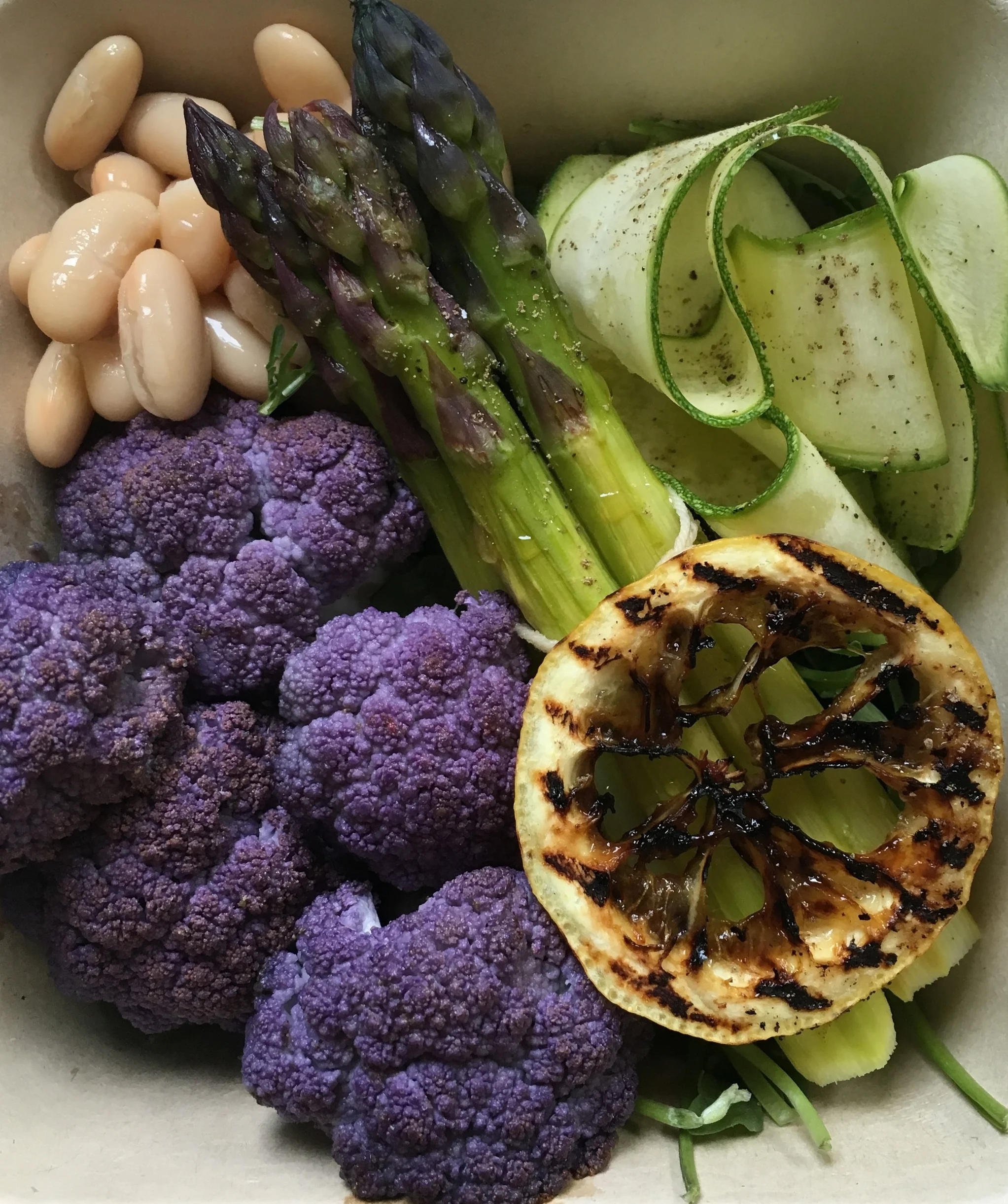 Roasted Purple Cauliflower, Asparagus, Lemon, Zucchini Noodles and White Beans