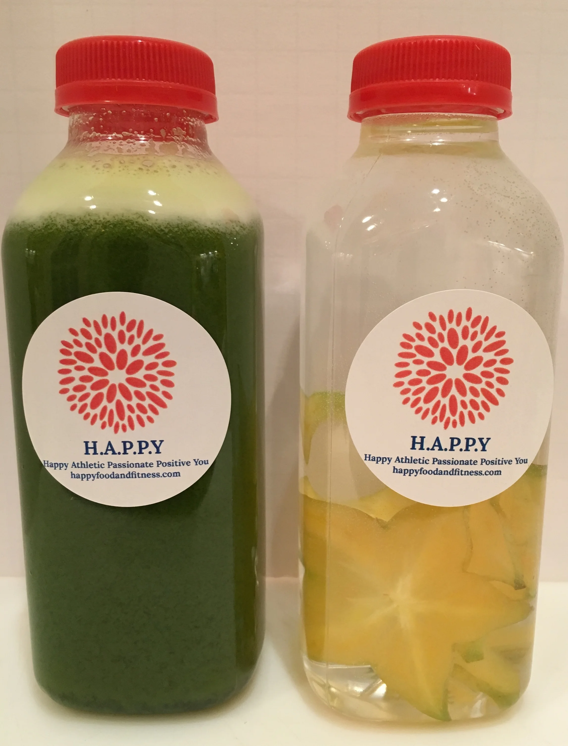Classic Green Juice alongside Star Fruit Water