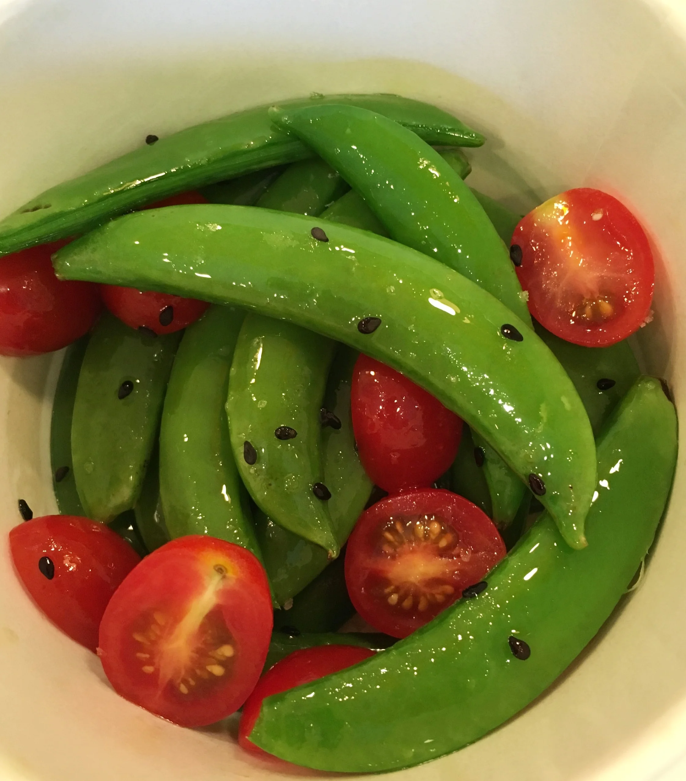 Sugar Snap Peas, Grape Tomatoes, Black Sesame Seeds with Toasted Sesame Oil