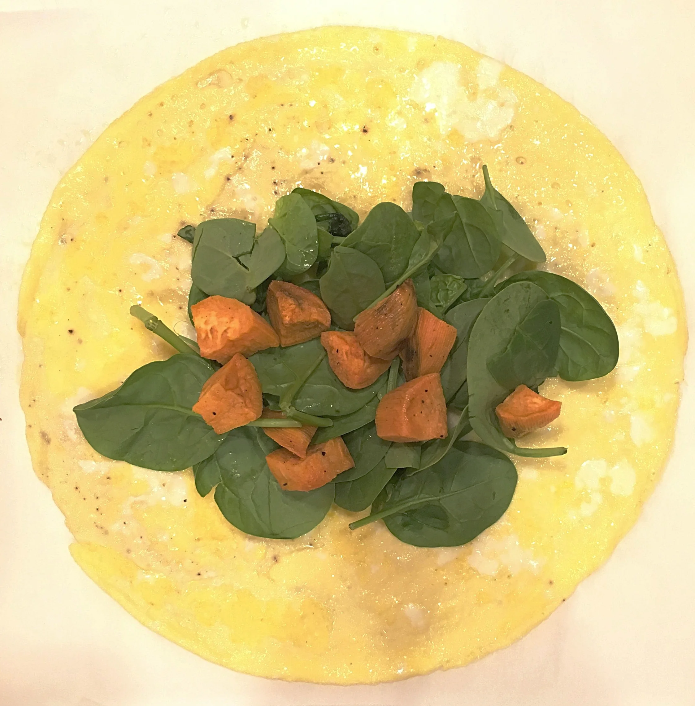 Egg Wrap with Spinach and Roasted Sweet Potatoes
