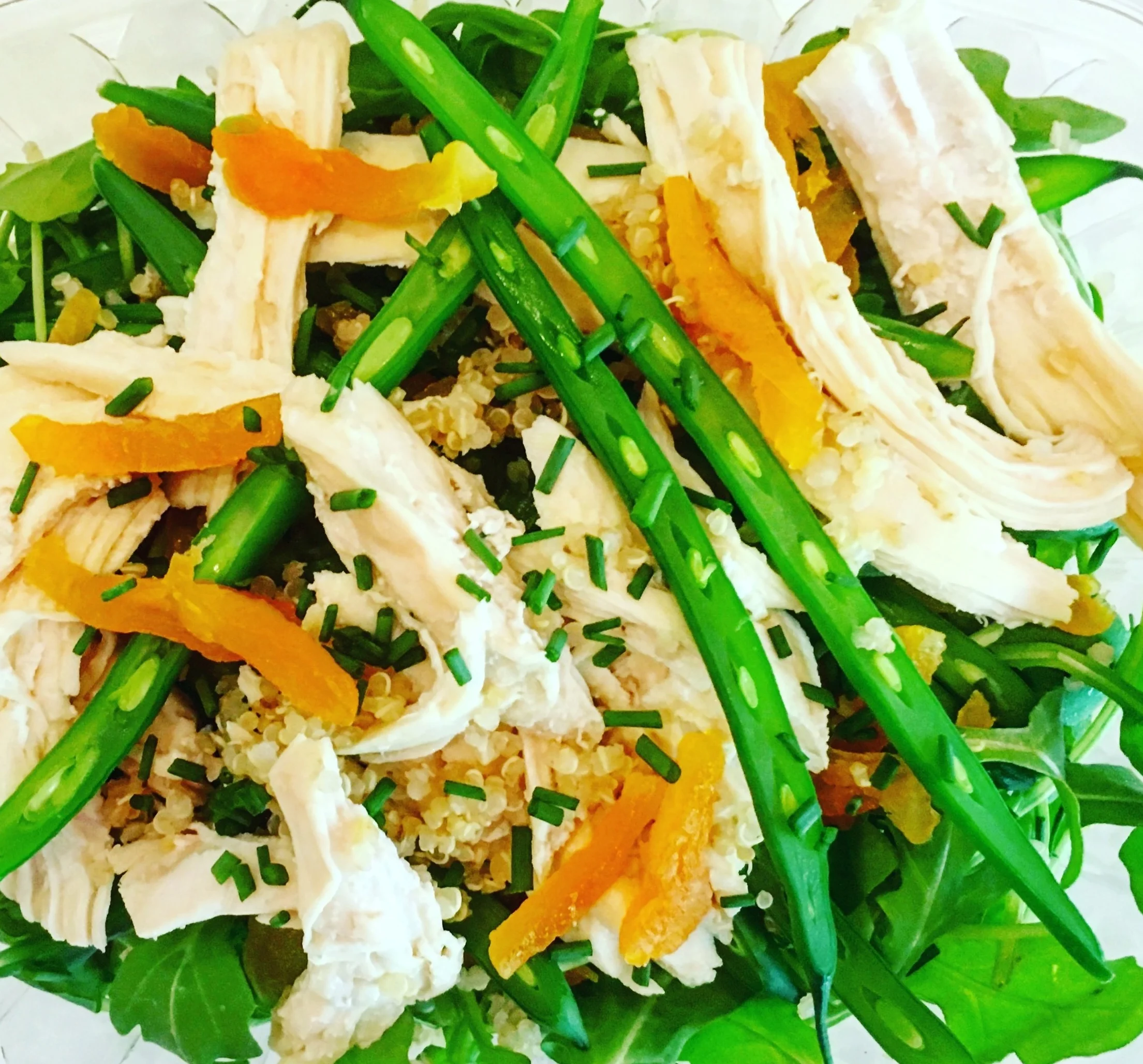 Poached Chicken & Quinoa on a bed of Arugula, Haircots Verts, Apricot and Chives
