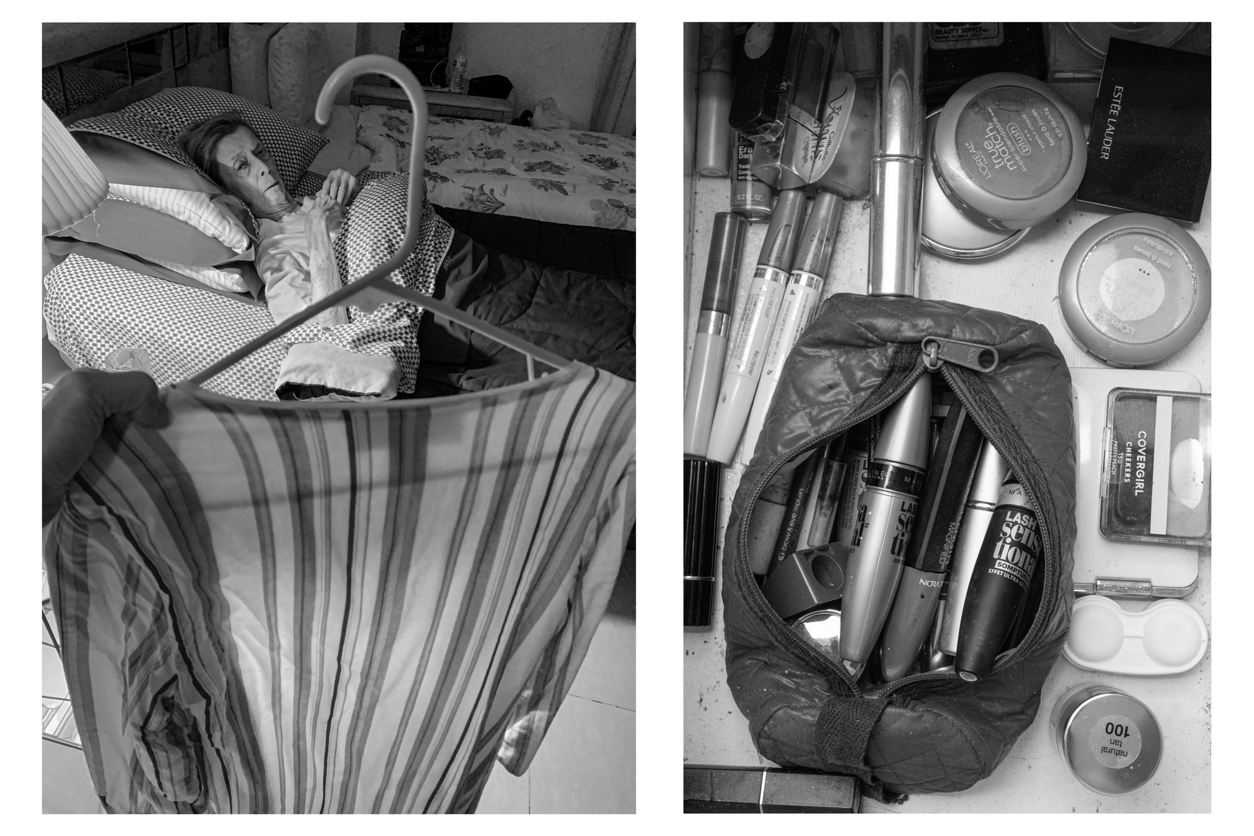   Left:  I help Audrey choose a robe to wear for her first telemedicine appointment during cancer diagnosing. April 1, 2020.       Right:  Audrey’s bathroom drawers (part of a series of her “things”). She was getting ready to move to assisted living 