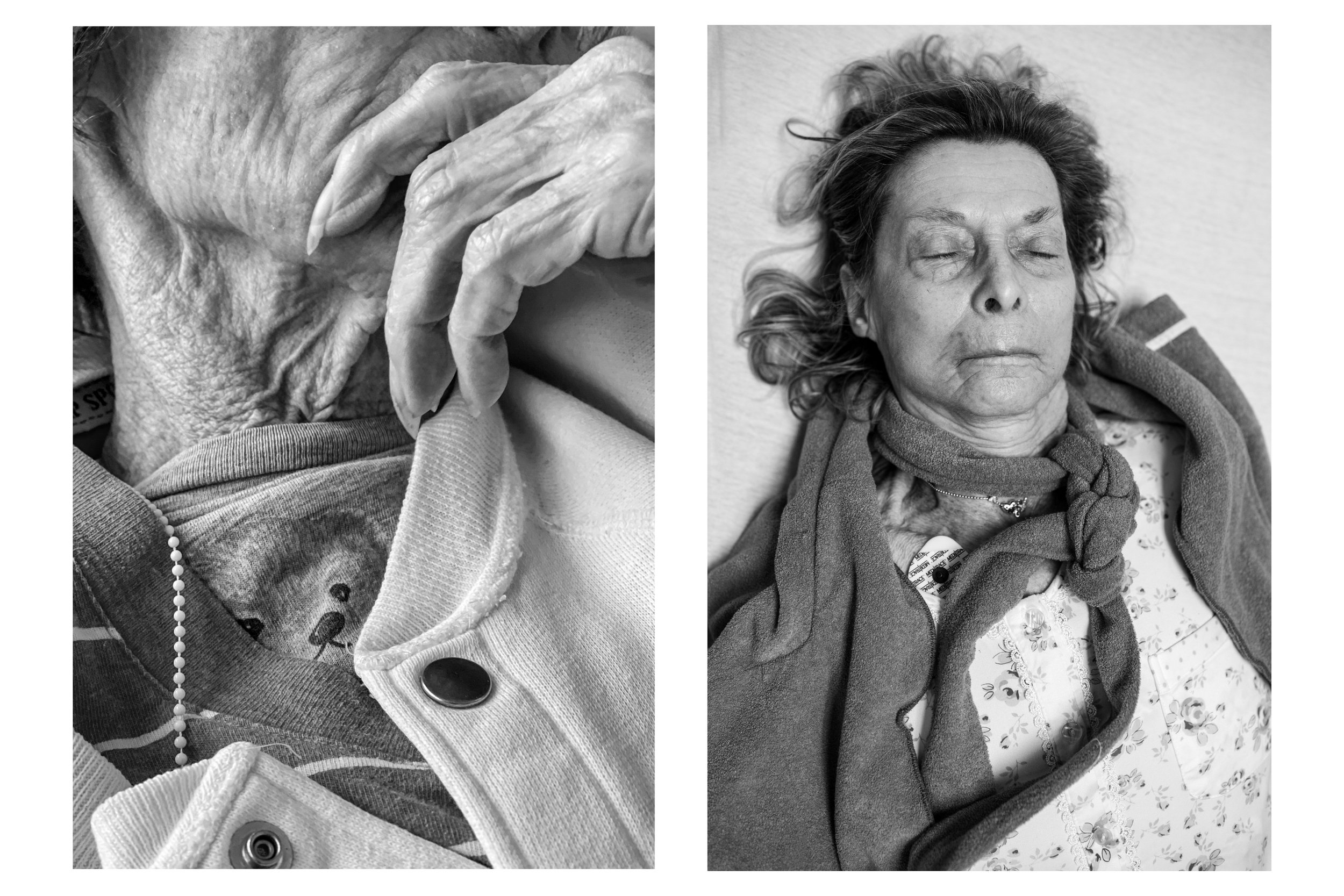   Left:  A few weeks before she passed away. February 28, 2021.      Right:   One morning I arrived at Aventura Hospital to find Audrey fast asleep with the belt of her robe tied around her neck. March 2017   
