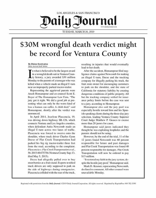 Daily journal write up of Record setting $30 million verdict for wrongful death.