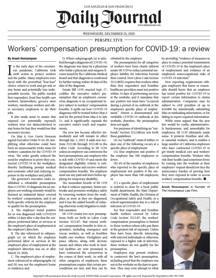 Arash Homampour’s article in The Daily Journal titled, “Workers' Compensation Presumption For COVID-19: A Review”.