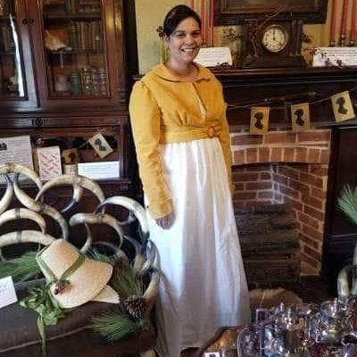 In honor of Jane Austin's Birthday, here is my friend wearing an Aurora by Alyce commissioned velvet  Spencer and muslin Regency dress. Doesn't she look great!!