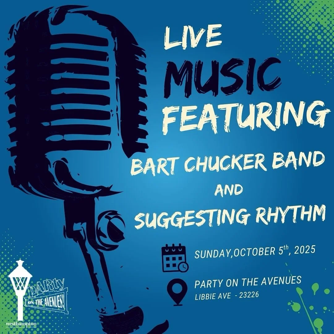 🎶 We have two amazing bands lined up for Party on the Avenues, October 5th. Come rock out with @suggestingrhythmband  and @bartchuckermusic 

#westhamptonrva #partyontheavenues #rvalivemusic #rvamusic #joinusontheavenues #rva #richmondevents