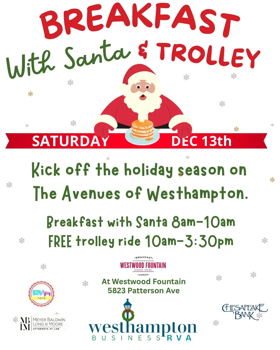 Join us TODAY for breakfast with Santa 🎅 at @westwoodfountain. 

📣 NEW this year: our Westhampton Fire Station 19 has generously offered to help take Santa back up to the North Pole after breakfast 🚒. So make sure you stick around to help wave goo