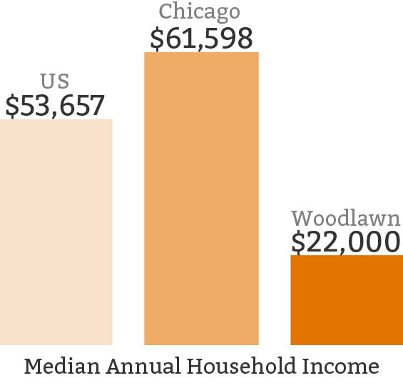 The median annual household income is less than half of the national median and almost a third of Chicago's.