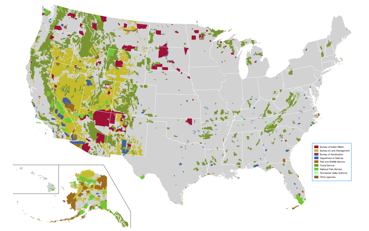 Most federal public lands are concentrated in the western states. Source: Wikipedia (Click on image to enlarge.)