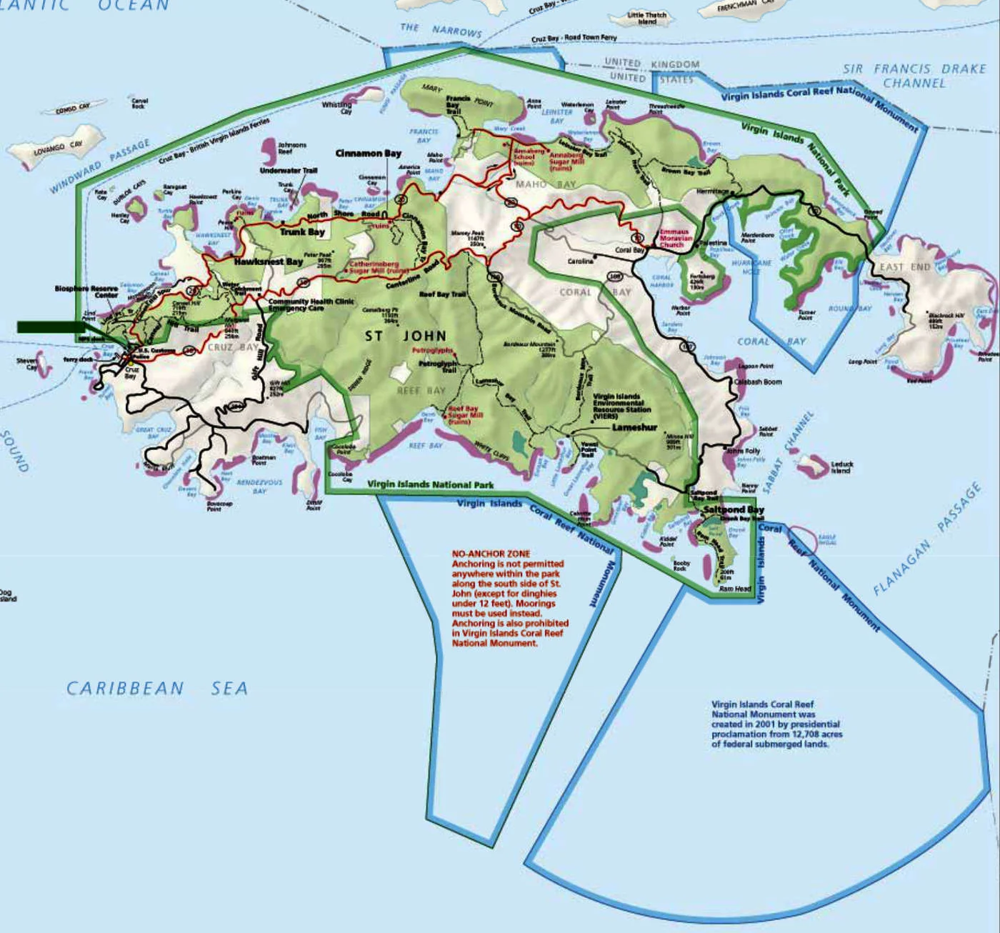 President Clinton protected the shallow sea around St. John National Park as the Virgin Islands Coral Reef National Monument. Map: National Park Service