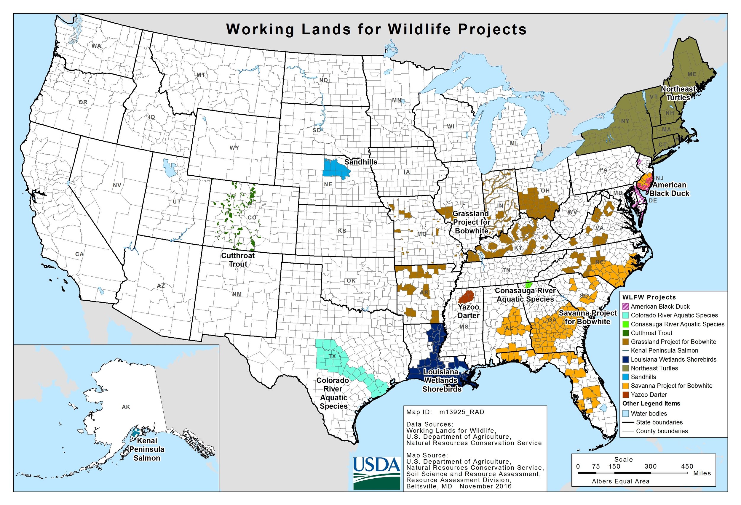 Map 2. A "working landscape" is one where the land is worked a bit less to allow wildlife to persist. A national wildlife refuge is land where wildlife can thrive. Source: USDA NRCS.