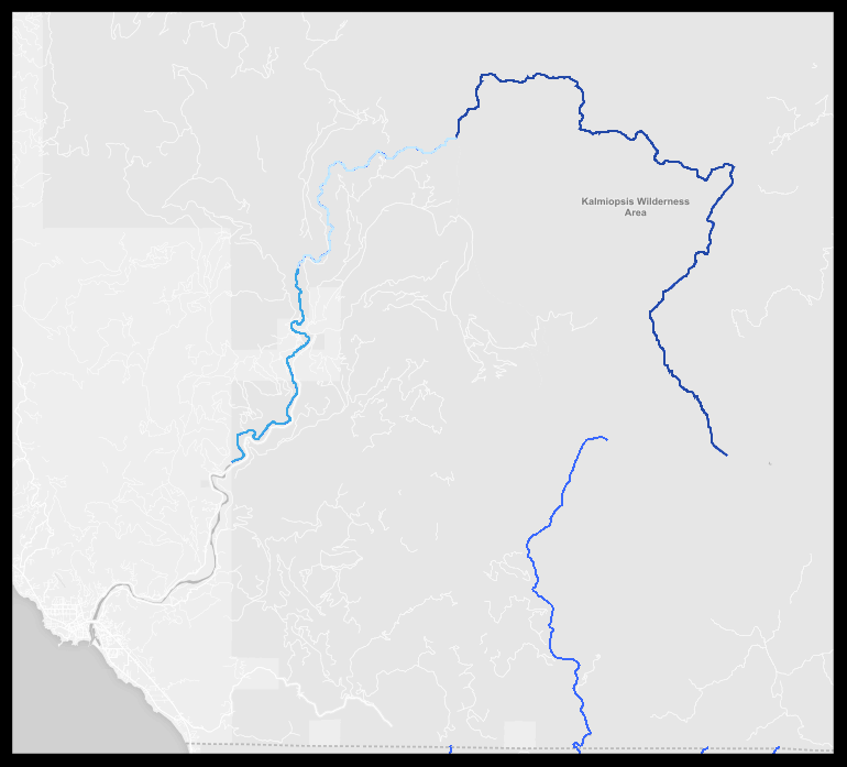 The Chetco River arises in the Kalmiopsis Wilderness and enters the Pacific Ocean at Brookings. The first 27.5 miles is classified as "wild" under the Wild and Scenic Rivers Act and mining is banned. The next 8 miles is classified as "scenic" and the next 11 miles after that as "recreational, both of which allow mining on federal public land. The darker grey is Rogue River-Siskiyou National Forest. That other wild and scenic river flowing south off the map into California is the North Fork Smith River. Source: www.rivers.gov.