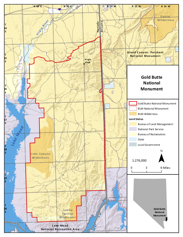 Gold Butte National Monument (proclaimed by President Obama in 2016) is bounded to the west and south by Lake Mead National Recreation Area (established by Congress in 1936) and to the east by Grand Canyon–Parashant National Monument (proclaimed by President Clinton in 2000). The unincorporated census tract known as Bunkerville is near Mesquite, Nevada, near Interstate 15. Source: Bureau of Land Management.