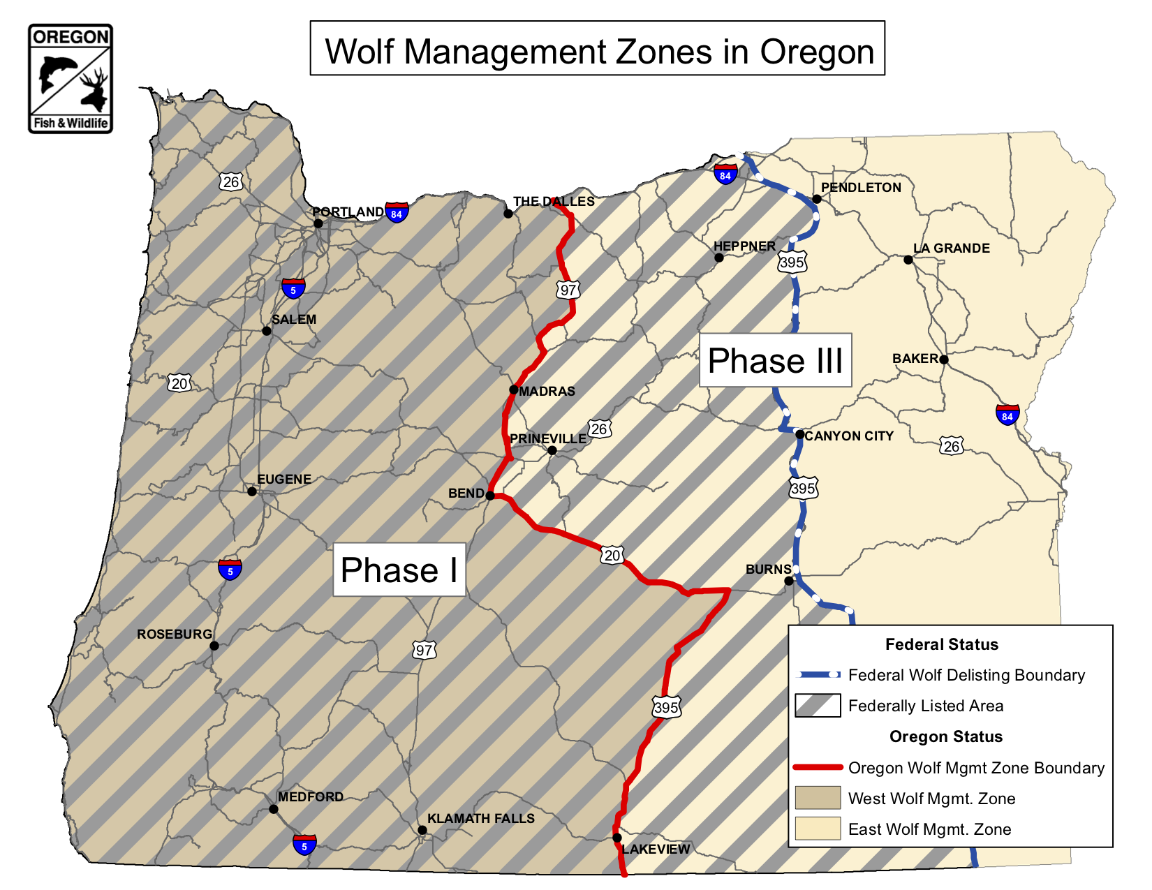 Map 2. For Oregon wolves, the danger isn’t being in the middle of the road but east of the road. Source: Oregon Department of Fish and Wildlife