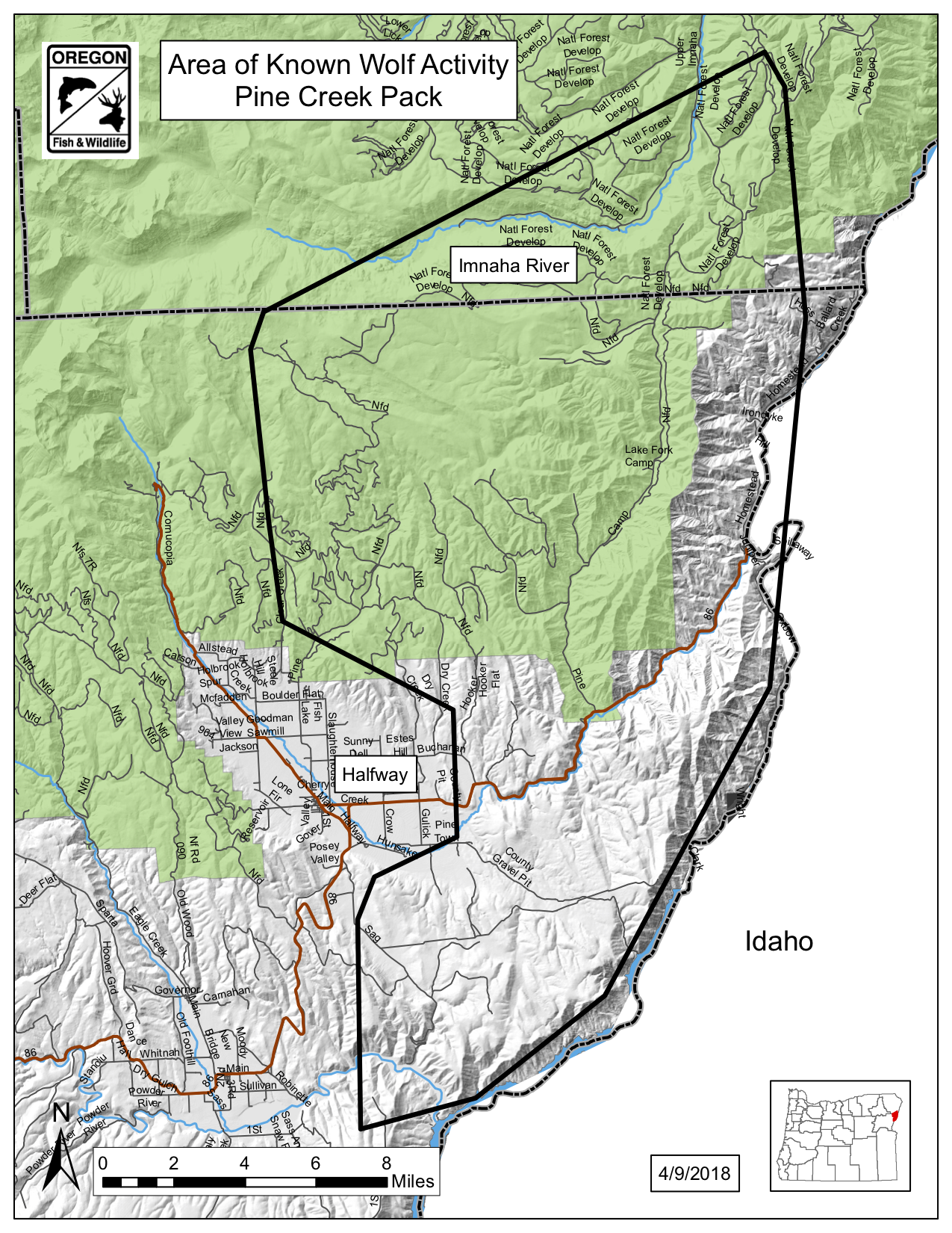 Map 3. The otherwise helpful ODFW maps of wolf pack ranges don’t depict Bureau of Land Management holdings and other public lands. The green areas are national forest lands. Large portions of the non-green areas within the black line are BLM holdings. At least 83 percent of the time, the wolves are on public land. Source: Oregon Department of Fish and Wildlife