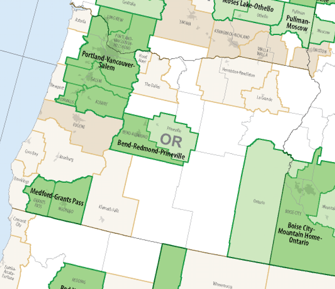 Map 5. US Census Bureau Statistical Areas: dark green = a Metropolitan Statistical Area (MeSA) inside a Combined Statistical Area (CSA); dark brown = a MeSA outside a CSA; light green = a Micropolitan Statistical Area (MiSA) inside a CSA; light brown = a MiSA outside a CSA. The blank spaces on the map are “not urban”—that is, rural. Source: Wikipedia