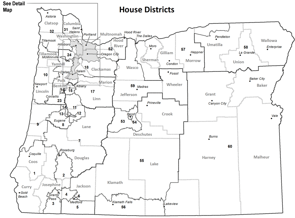 Map 1. Oregon House of Representative districts. When the districts were drawn after the 2010 census, each had 1/60th of the state's population. Notice the gray mass in the lower Willamette Valley, which means there are so many districts they cannot be mapped at a statewide scale. Source: Oregon Secretary of State