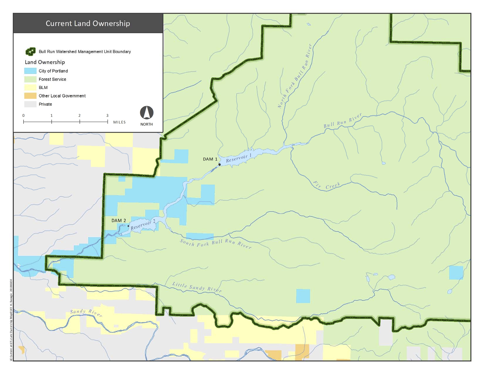 Map 2. Established by an act of Congress in 2001, the Bull Run Watershed Management Unit is 96 percent national forest (with a little Bureau of Land Management acreage) and 4 percent owned by the City of Portland. A land exchange is under way to facilitate better management by consolidating the city’s lands along the two reservoirs and the Forest Service’s lands elsewhere. Source: City of Portland .