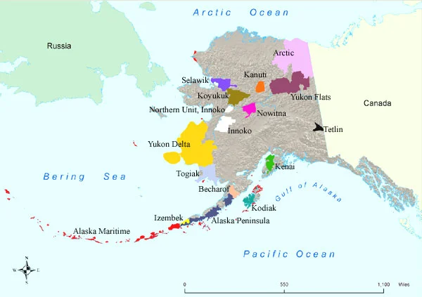 Map 1. National wildlife refuges in Alaska. Izembek (lower center on map) is the smallest in size but not in ecological importance. Source: US Fish and Wildlife Service .