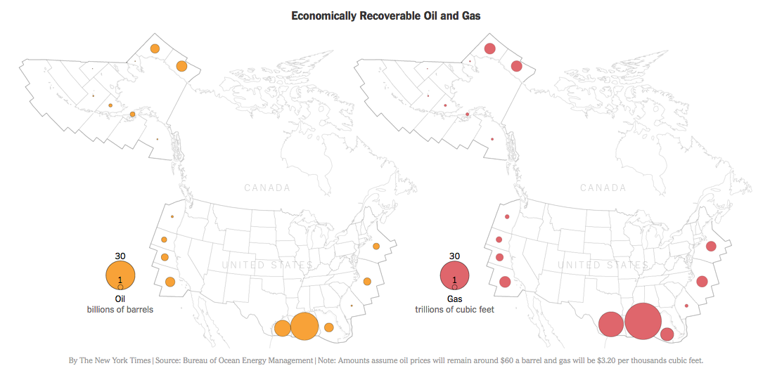 Figure 3. Economically recoverable oil and gas. Most of the $60/barrel oil (and gas equivalent) is located in the Gulf of Mexico and offshore northern Alaska. Source: New York Times