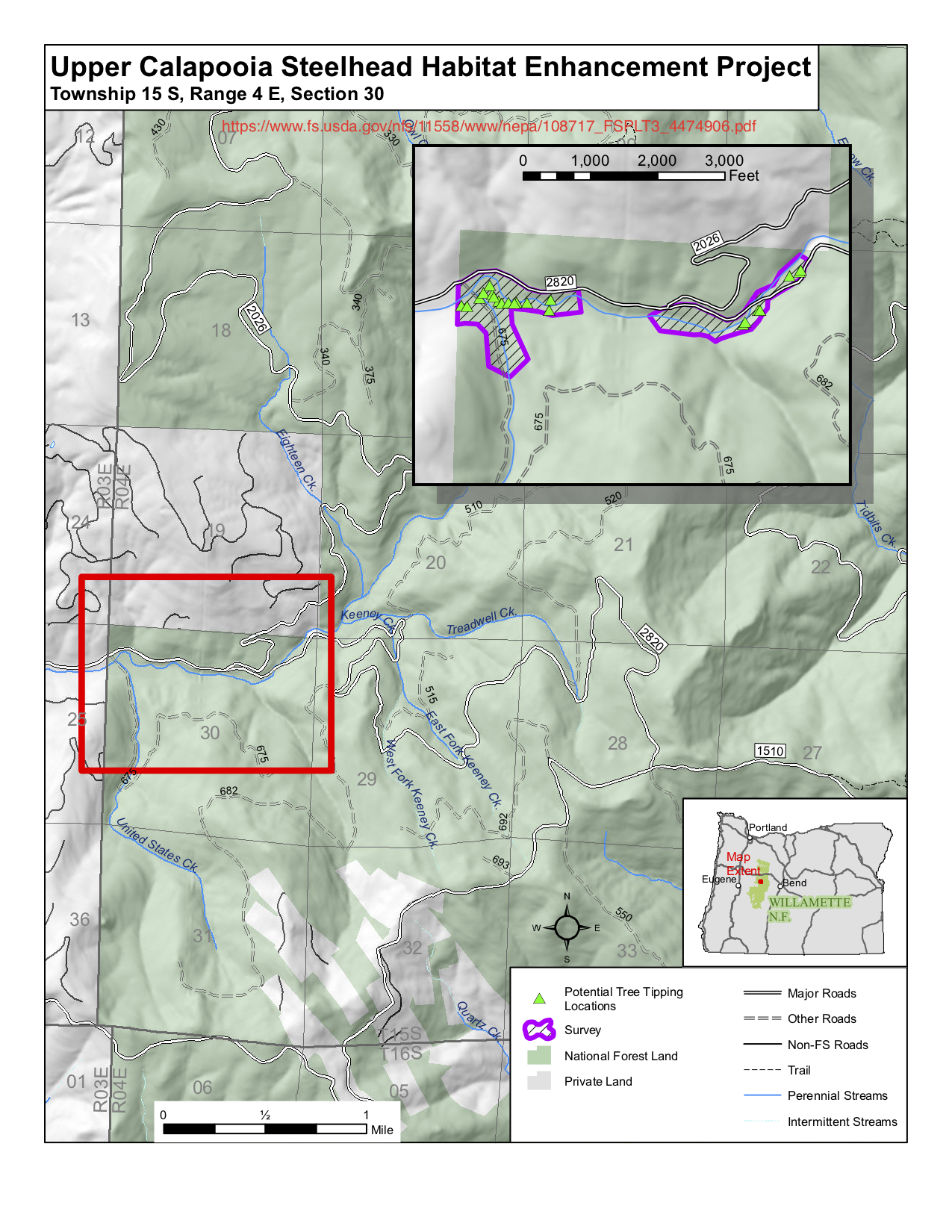 The Upper Calapooia Steelhead Enhancement Project of the USDA Forest Service, which proposes to “improve” fish habitat on the uppermost Calapooia River by pushing over very large and very old trees. Source: USDA Forest Service .