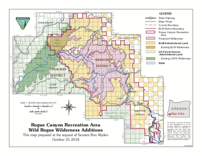 Map 1. Protections for the lower Rogue River Canyon in the proposed Oregon Wilderness Act of 2018. Walden opposed the Wild Rogue Wilderness expansion (pink) and the Rogue Canyon NationalRecreation Area (outlined in red). Source: Senator Ron Wyden.