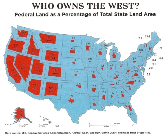 Map 1. Federal land as a percentage of total state land area. Depending on how you feel about federal public lands, one side of the map speaks more to you than the other . Source: Defend Rural America .