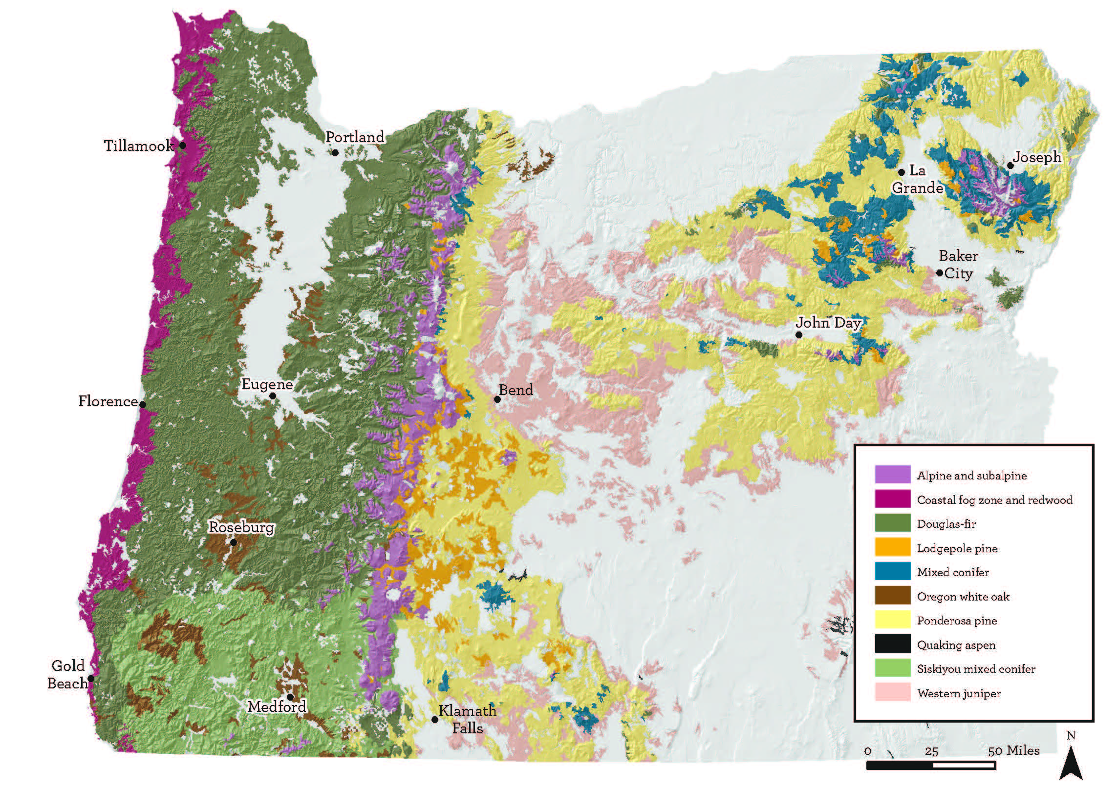 Map 2. The hikes are distinguished by forest type and other features. Oregon has ten major forest types and within them multiple refinements of distinct vegetative communities . Source: Oregon Wild .