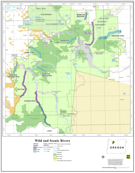 Map 1. Wild and scenic rivers on the Mount Hood National Forest as of 2009. This map is a bit fuzzy, but dark green is designated wilderness, light green is other national forest, and the tan wedge in the southeast is Warm Springs Indian Reservation. Notice the mile-wide corridor for Fifteenmile Creek WSR (north half of the northeast quadrant) and the normal half-mile-wide corridors for most other WSRs. As the White WSR comes off of Mount Hood its actual channel often moves laterally a mile or more, hence the very wide area along the upper White River. To make the most of the limited acres, the lower White River corridor is narrower than the norm. The same goes for the Salmon WSR. To protect the Salmon River meadows, the protected area is wider. To compensate the protected WSR corridor in the Salmon-Huckleberry Wilderness is very narrow. I’d hazard a guess that another ~120 miles of potential WSRs could be designated in the Sandy, Hood, and White watersheds, all of which arise on Mount Hood . Source: Mount Hood National Forest.