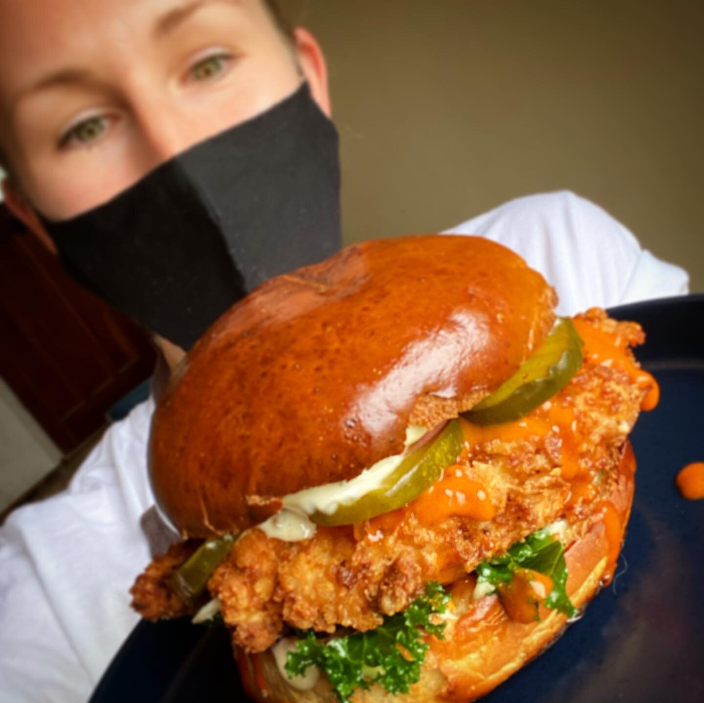 I&rsquo;m definitely drooling behind this mask. 🤤😍 It was a great day in the kitchen despite the  sudden halt in business due to our covid restrictions here in NS. My staff and I tried many #friedchicken sandwiches today and all I can say is (I&rsq