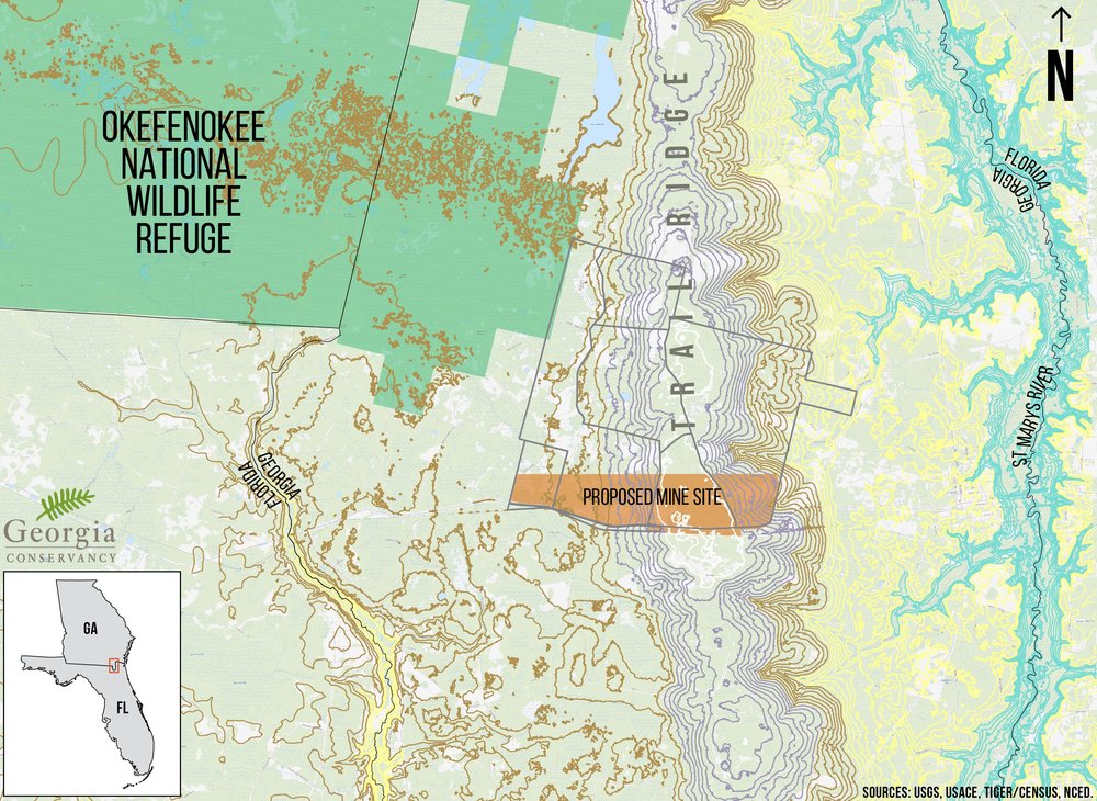 Map of Twin Pines proposed mine site and extended property next to Okefenokee NWR, by Georgia Conservancy.