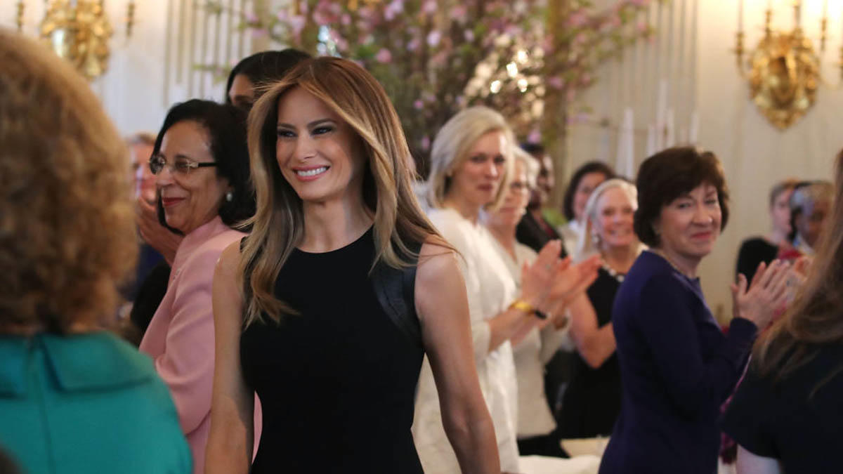 First Lady Melania Trump arrives at a luncheon she hosted to mark International Women's Day in the State Dining Room at the White House March 8, 2017. (Photo: Getty Images)