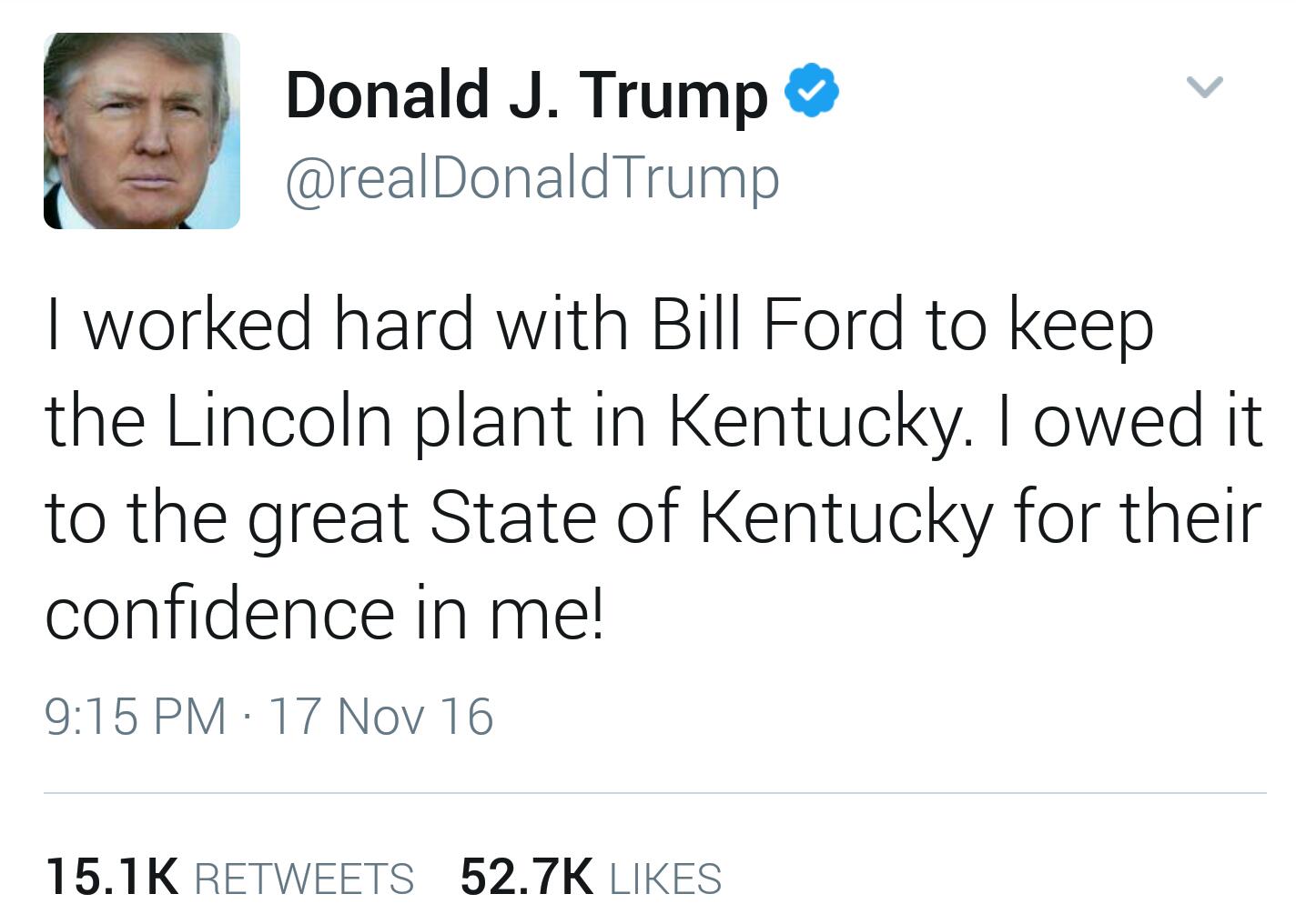 President-elect Donald Trump took to Twitter on Nov. 16, 2017 to announce that Ford Motor Co. won’t be moving Lincoln production from Kentucky to Mexico.