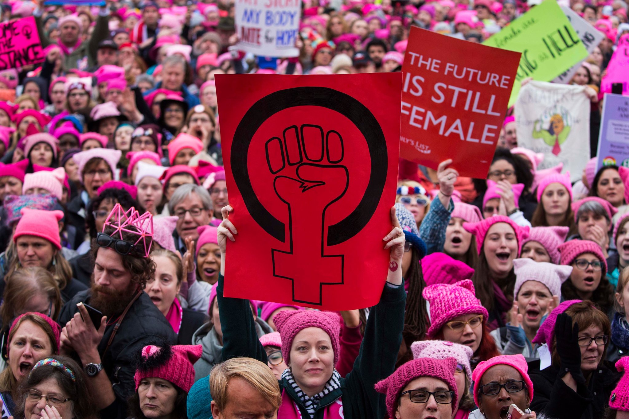 A sea of pink hats on march participants in Washington on Saturday, Jan. 21, 2017, the day after President Donald Trump's inauguration. (Photo: Ruth Fremson/The New York Times)