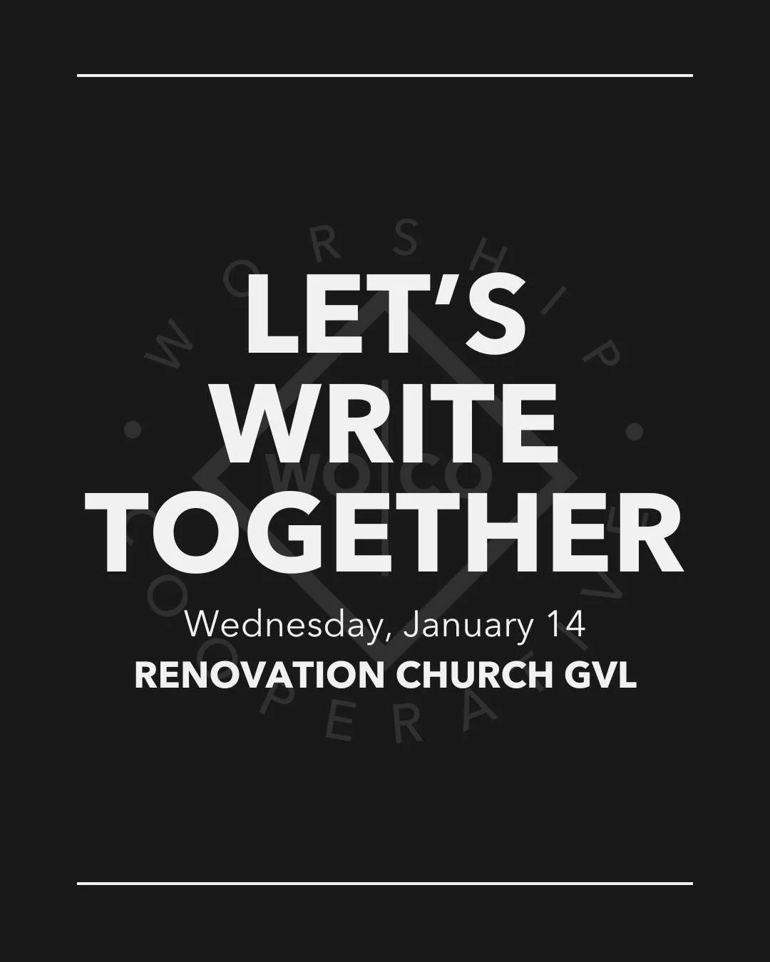 We're excited to gather songwriters from churches in the Upstate to write songs together! 
Here are the details:
9:00am - 11:30am 
Renovation Church
506 Edwards Rd, Greenville, SC 29615

We plan to start with introductions and worship together, then 
