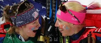 Jessie Diggins and Kikkan Randall after the Olympic Gold Medal was won in the Women's Cross Country Team Sprint Freestyle Race (Daily Caller)