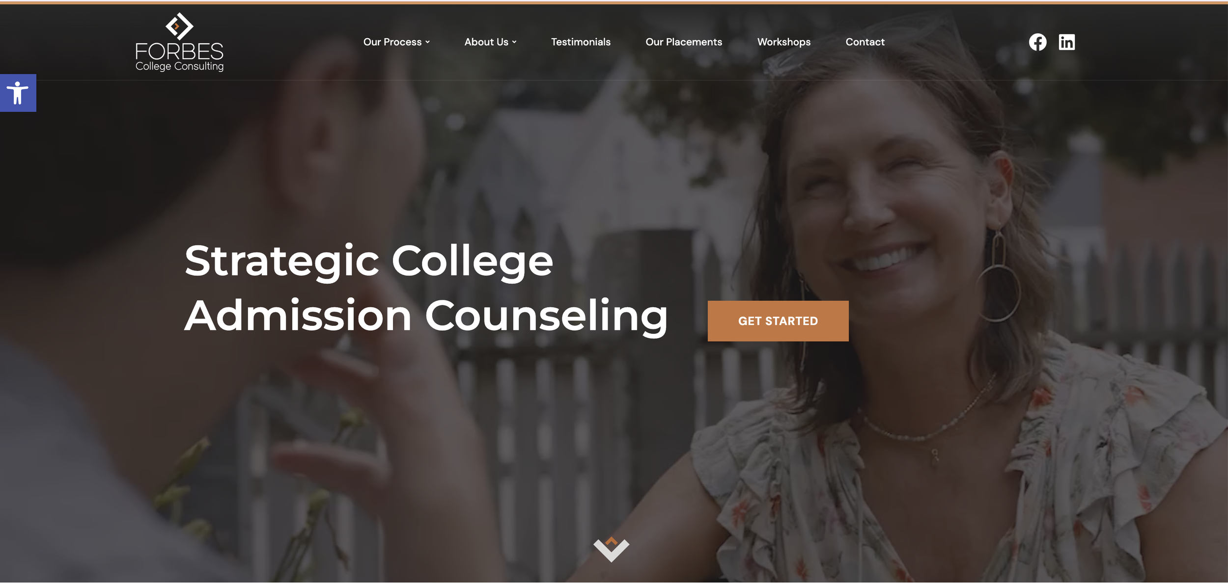 A woman smiling while talking to a person in an outdoor setting, with a fence and house in the background. The webpage header includes the logo for Forbes College Consulting and navigation options.