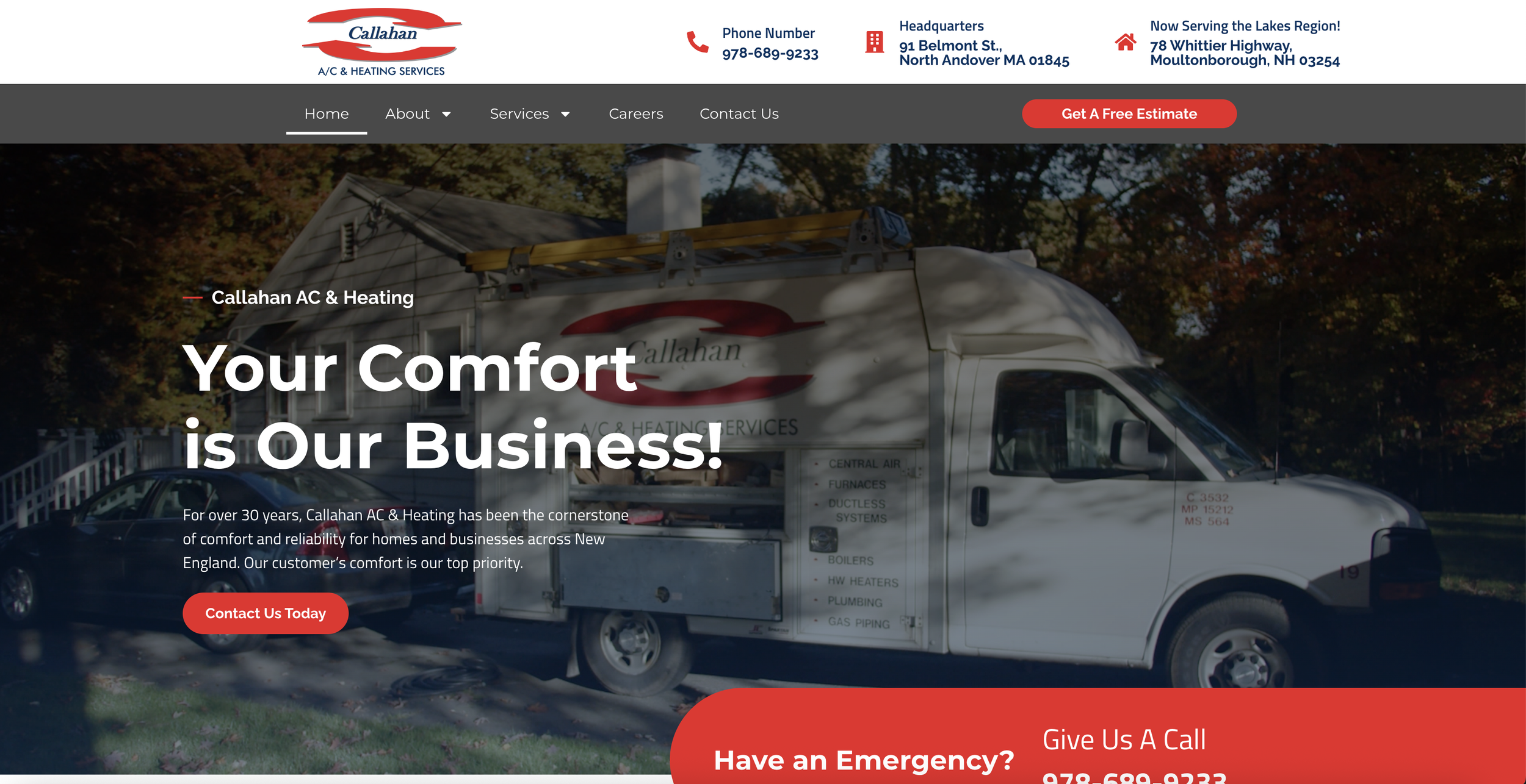 Screenshot of Callahan AC & Heating Services website home page featuring a service van parked outdoors with trees in the background, contact information at the top, and a prominent red button for emergency contact.