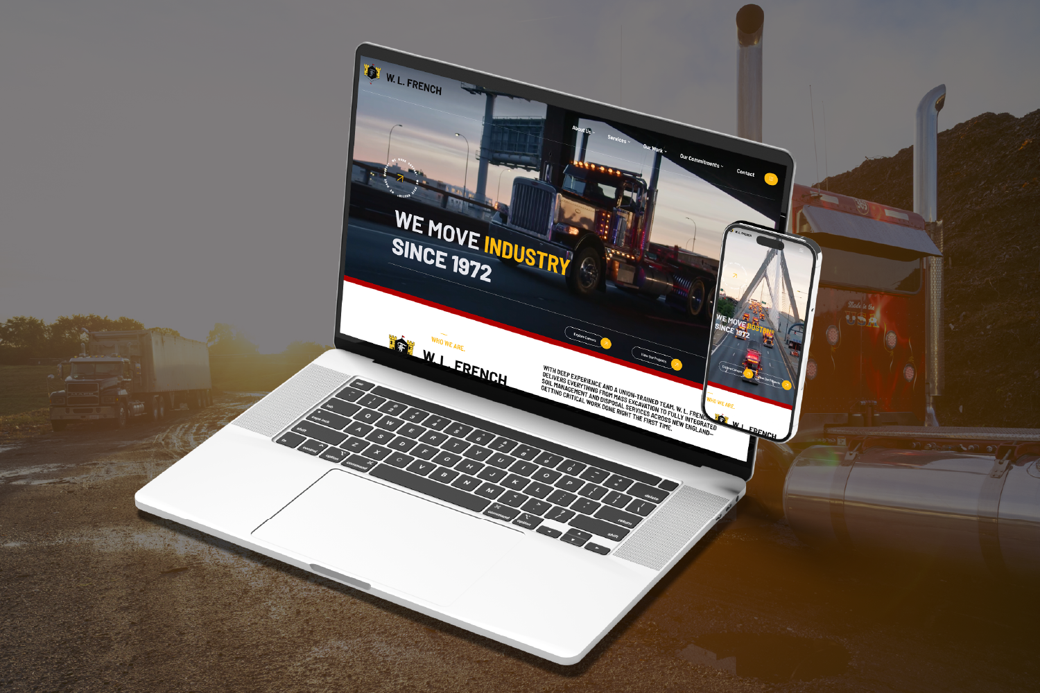A laptop and smartphone displaying the website Tradewind Marketing made for W. L. French, a trucking company, with a background of trucks and an industrial landscape at sunset.