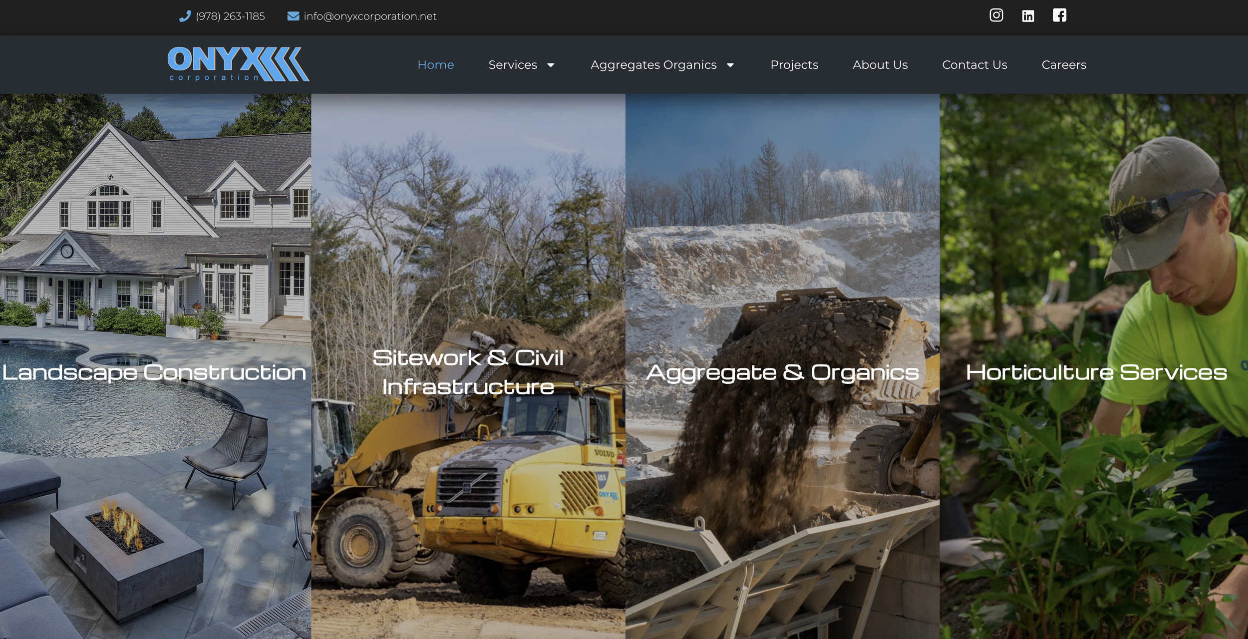 Website homepage for ONYX Corporation, displaying sections for Landscape Construction, Sitework & Civil Infrastructure, Aggregate & Organics, and Horticulture Services, with a top menu navigation and contact information at the top.