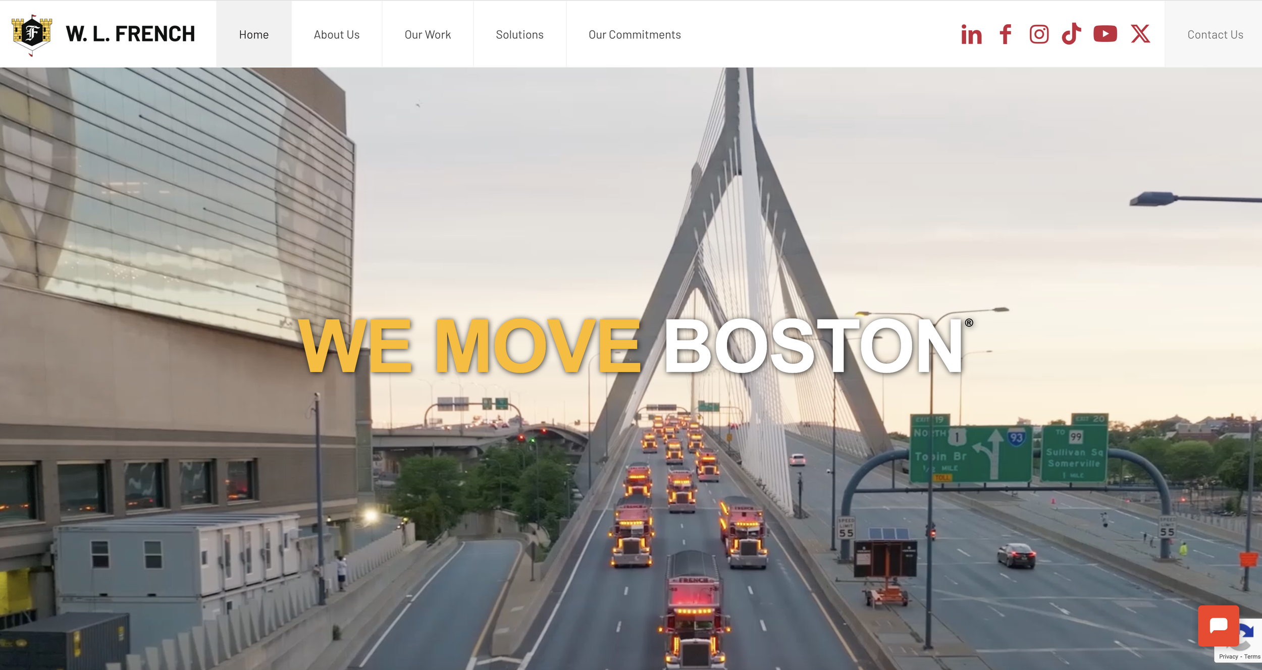 Windwood Productions proudly works with WL French. A photo of the Leonard P. Zakim Bunker Hill Memorial Bridge in Boston with traffic on the bridge and highway signs visible. The website homepage overlays the image with the text 'WE MOVE BOSTON'.