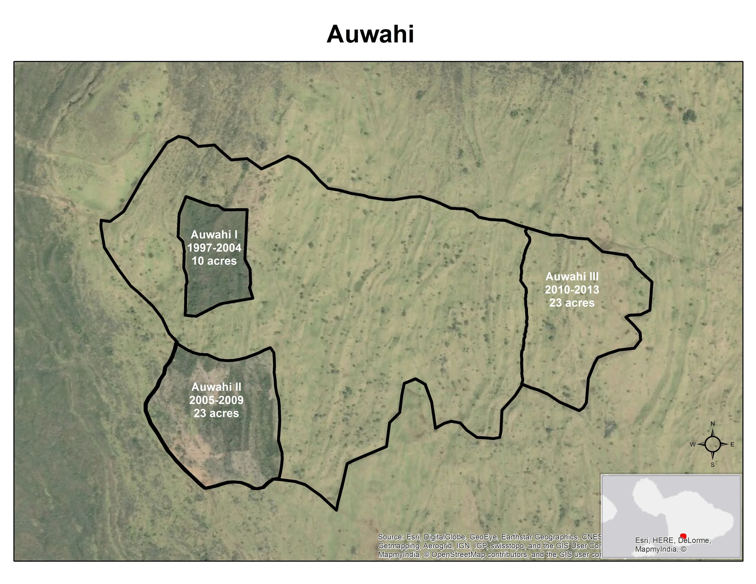 Aerial photograph of Auwahi forest with forest exclosures. Note continued loss of native forest trees in the past decades.