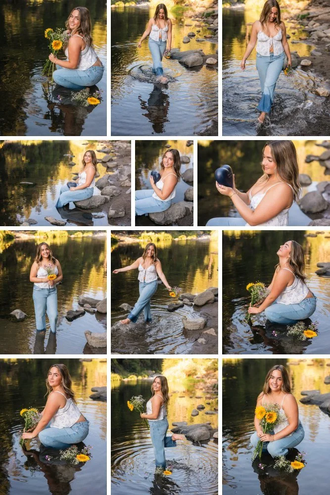 Summer senior pictures at  the river in El Dorado County of a girl in jeans and a cute top
