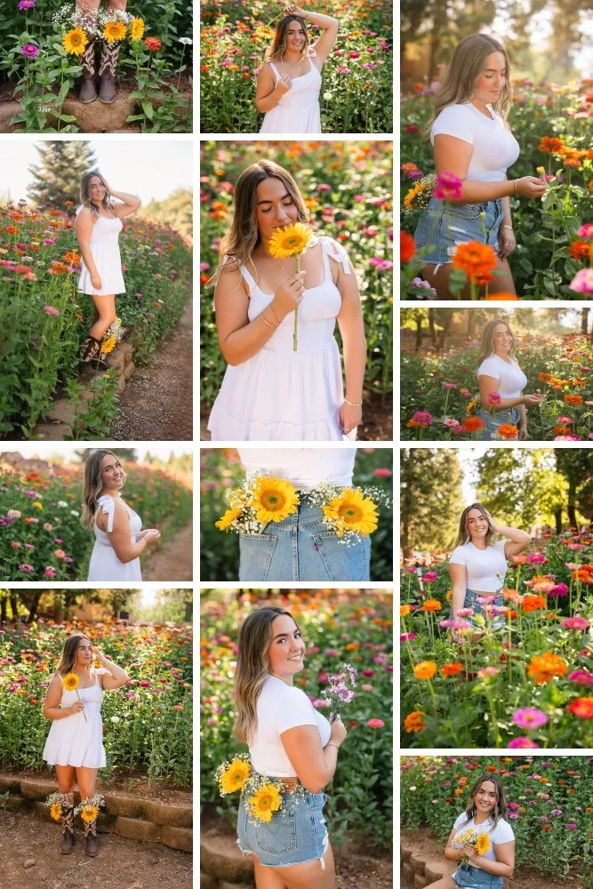 Summer senior pictures in the Flower field at Apple Hill