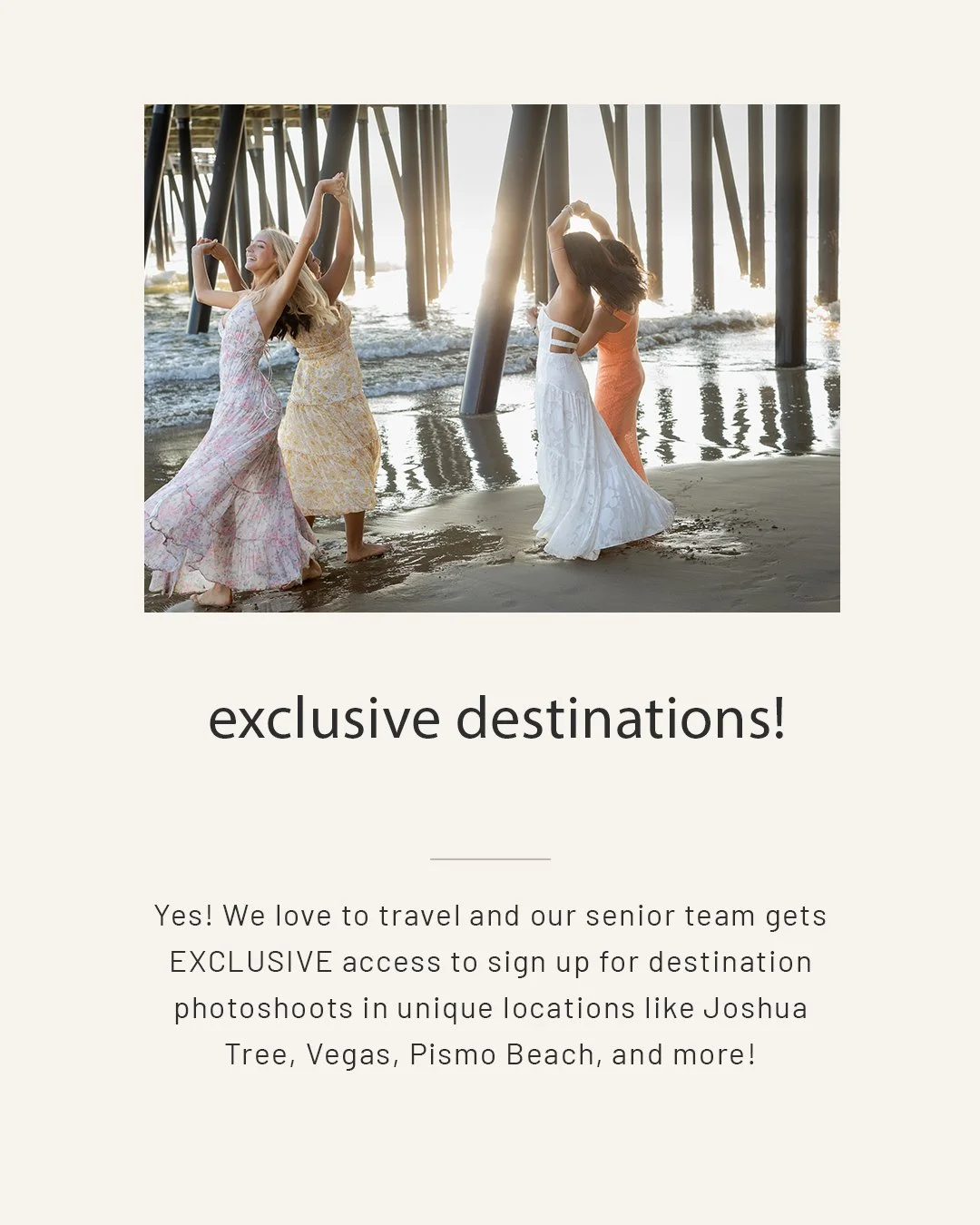 Senior model team perk is going on destination photoshoots like this one in Pismo Beach