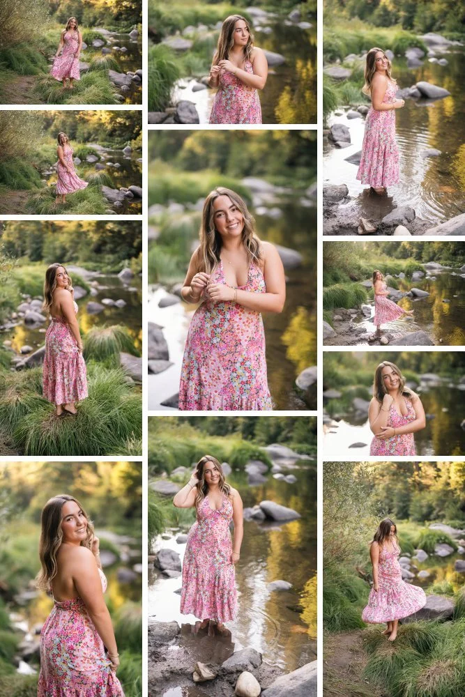 Summer senior pictures at a river of a girl in a long flowy dress