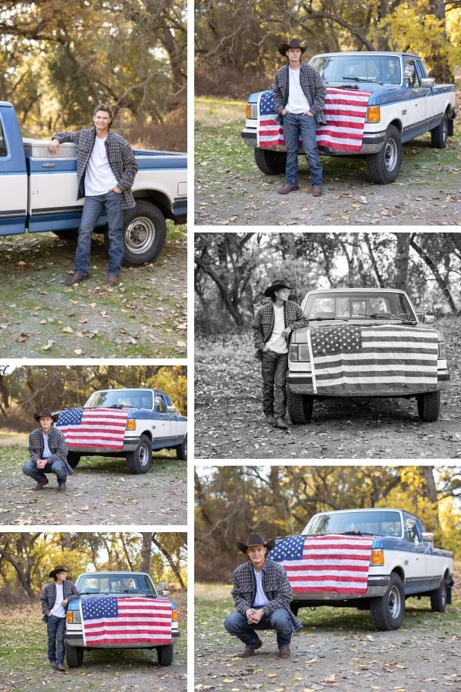 guy senior pictures in a cowboy hat and American flag
