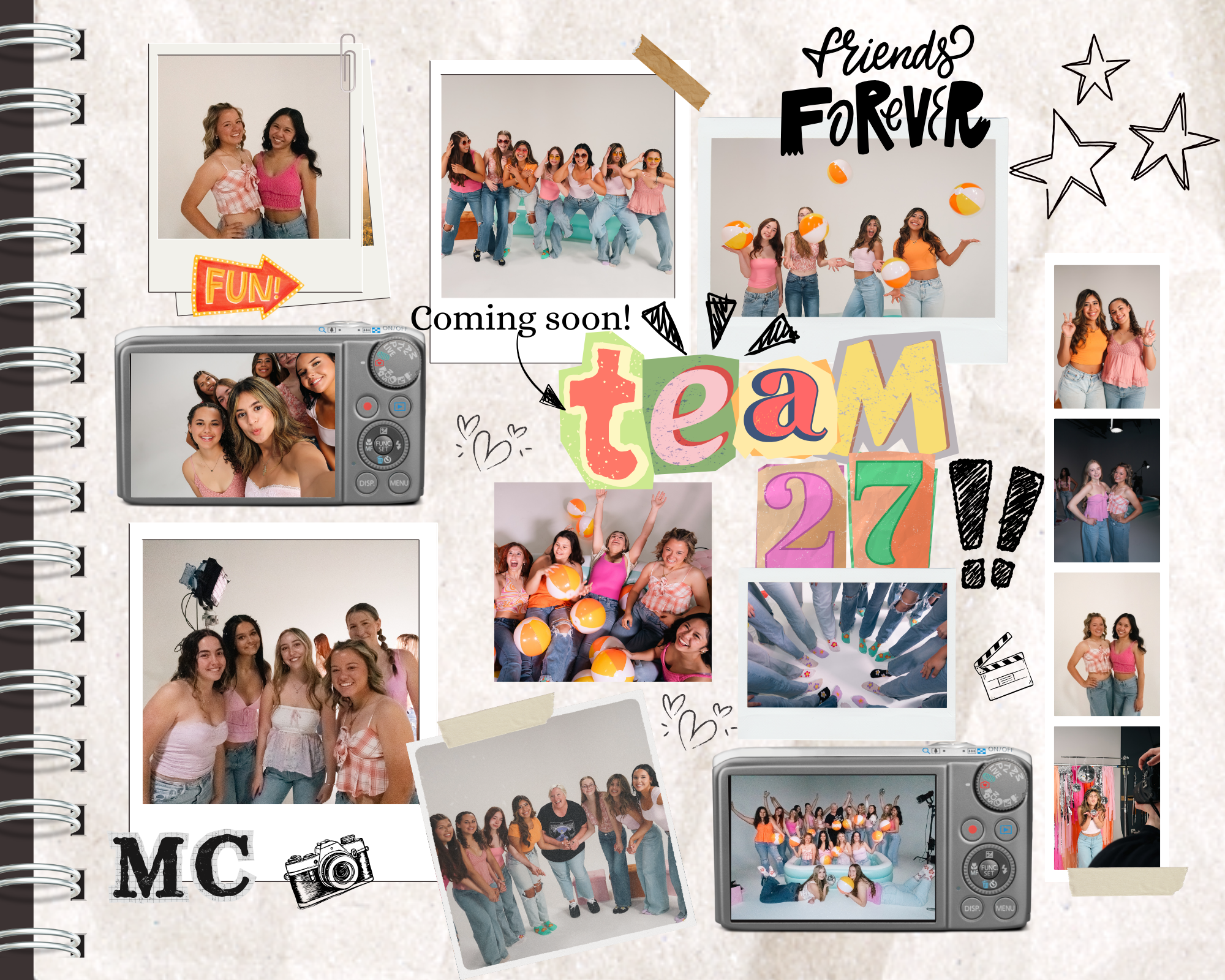 Collage of photos featuring a group of young women at a photoshoot, with some images showing them posing with beach balls, others with sunglasses, and some smiling and making peace signs. Various decorative doodles and text like 'Friends Forever,' 'Fun,' and 'Coming Soon' are included.